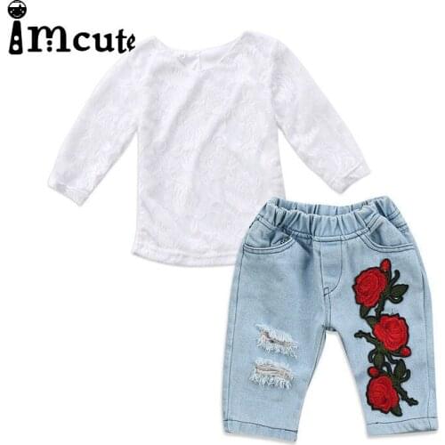 Imcute 2PCS Fashion Casual Newborn Toddler Baby Girls Long Sleeve O-Neck Pullover White Lace Shirt Tops Denim Pants Outfit 6M-5Y