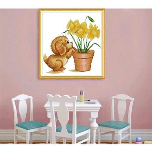 Dogs and flowers Cross Stitch Small cute animal embroidery kit,11CT 14CT Printed Fabric, DIY Handmade Needlework Art Home Decor