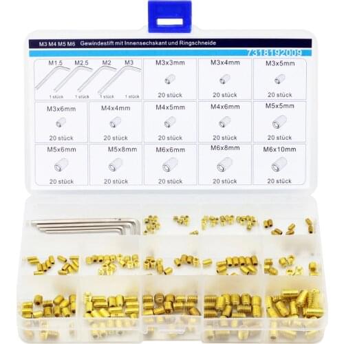 M3 M4 M5 M6 Hex Socket Set Screws with Cup Piont Assortment Kit,Grub Screws,Brass,260 pieces