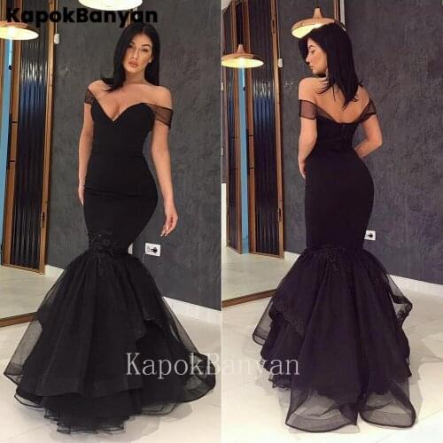 Tulle Off-the-Shoulder Ruffle Organza Mermaid Prom Dress Lace Applique Zipper Formal Evening Gown