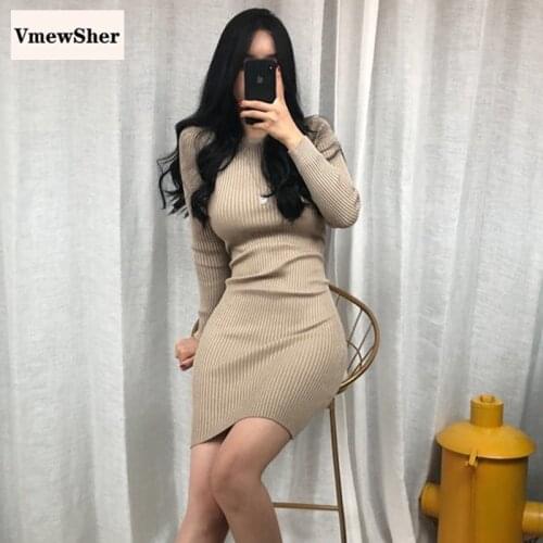 VmewSher New Sexy Autumn Women Mini Dress Winter Slim Elegant Vintage Sweater Knitted Long Sleeve Bodycon Base Dresses Party