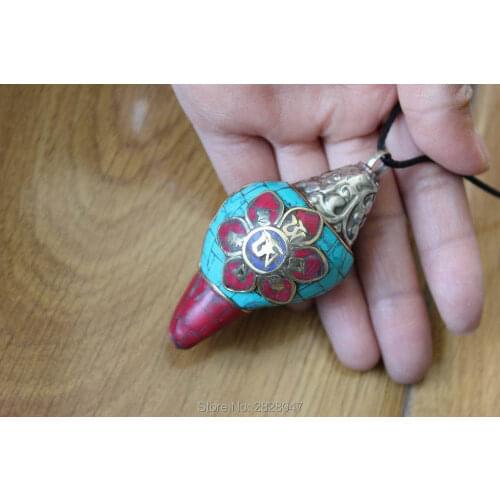 PN104 Ethnic Tibet Shell Six Words Mantra Conch Big Pendants Handmade Nepal Copper Colorful Stone Amulet