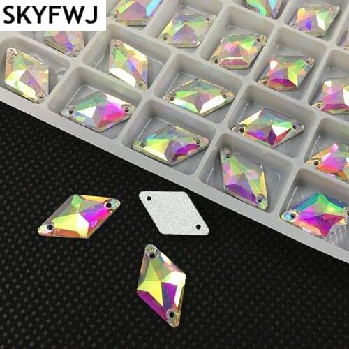 Clear Crystal AB Color Glass Rhombus Shape Sew On Rhinestone Flatback Sewing Crystal Stones Dress Jewelry Making 11x19mm