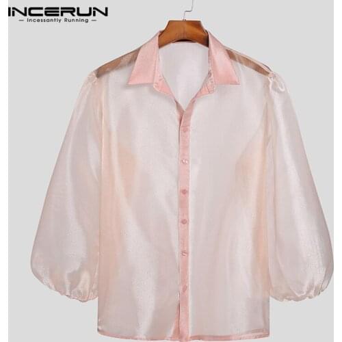 Men Mesh Shirt Transparent Lapel Lantern Long Sleeve Sexy Men Clothing Streetwear 2021 Button Party Nightclub Shirts 5XL INCERUN