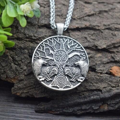 Sanlan 12pcs Norse Viking Celtics tree of life couple wolf necklace amulet men gift