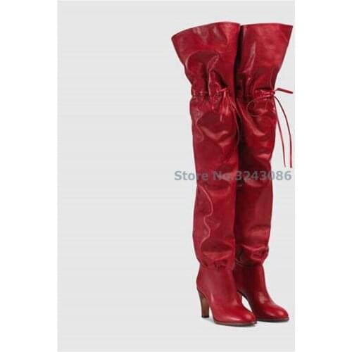 Round Toe Over The Knee Boot Red Black Faux Sheepskin Lace Up Long Boots Fashion Pleated PU Med Heel Winter Women Boots