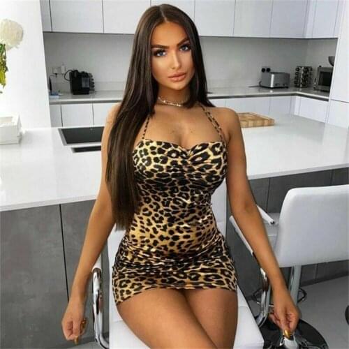 Sexy Womens Sleeveless Leopard print Halter V neck Cami Bodycon Dress Evening Party Club Short Mini Dress
