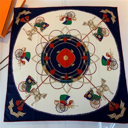 90cm Manual Hand Rolled Twill Silk Scarf Women Carriage Chain Curled Square Scarves Echarpes Foulards Femmale Wrap Bandana Hijab