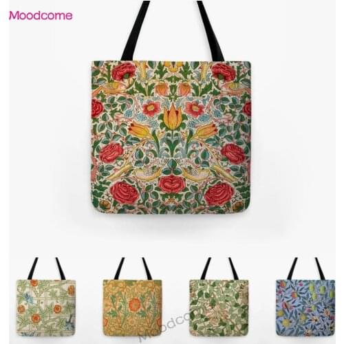 William Morris Plant Flower Pattern Shopping Tote Bag Water Resistant Cotton Linen Canvas Shoulder Bag Orange Purple Handbag