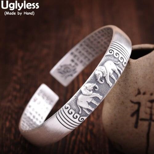 Uglyless Elephant Never Forget LOVE Animals Bangles for Women Real 999 Fine Silver Elephants Bangles Prajna Paramita Sutra Jewel
