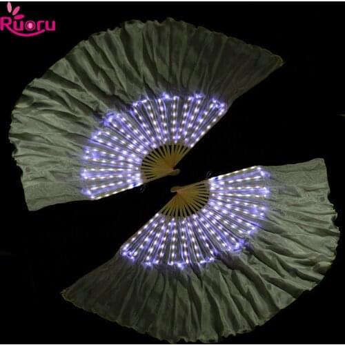 Ruoru 2 pieces = 1 pair Belly Dance Led Silk Fan Veil 100% Silk Led White Rainbow Belly Dance Fan Veil Stage Performance Props