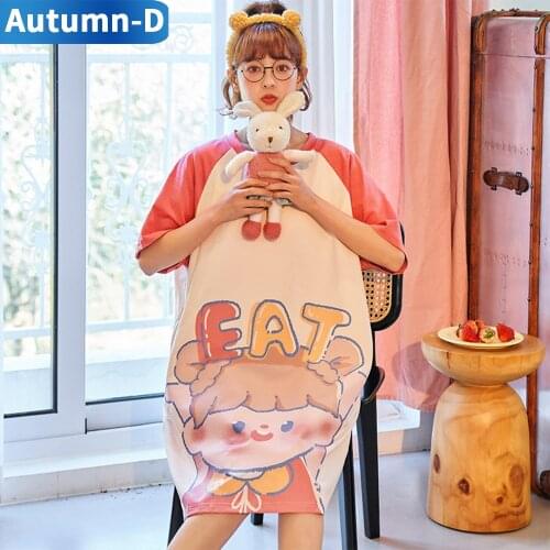 Autumn-D Womens Pajams Summer 2021 Cotton Cartoon Girl Style Short Sleeve Dress Cute Home Clothes Free Shipping Nightgowns