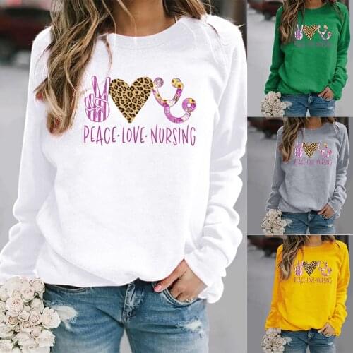 Women Hoodie Peace Love Nursing Printed Hoodies Women Fleece Long Sleeve O Neck Loose Sweatshirt Girls Pullovers Autumn Winter