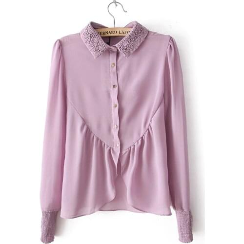 Spring summer new retro vintage beaded embroidery collar angle hem violet lavender purple shirt pink women chiffon blouse top
