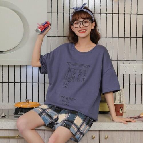 Womens Pajamas Set Summer Korean Style Cotton Cartoon Print Short-Sleeved Sleepwear Suit with Shorts Comfort Soft Homewear 2Pcs