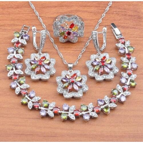 2020 New Silver Color Jewelry Sets For Women Multicolor Zirconia Bracelet Drop Earrings Pendant Ring Russian Style JS0706