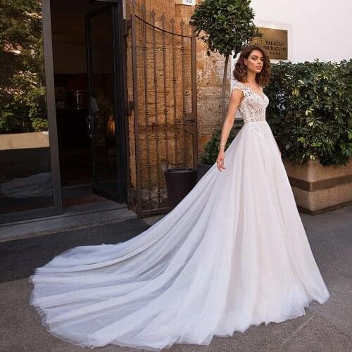 Robes De Mariage Cap Sleeve Tulle Wedding Dress Beading Back Elegant Sukienka Na Wesele Appliques Bodice Luxury Vestido De Novia