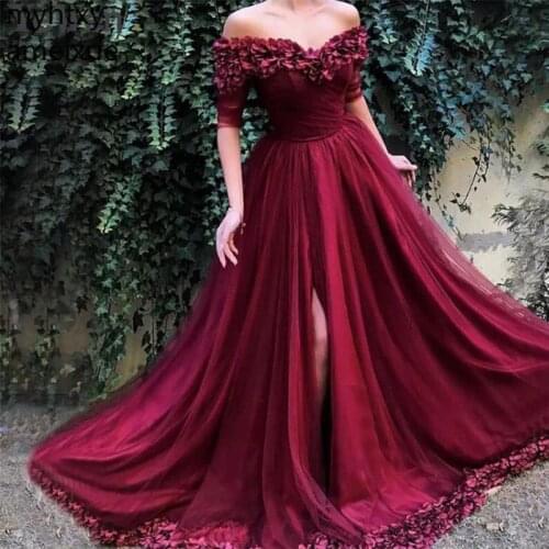 Plus Size Princess Burgundy Prom Dresses With Half Sleeves Formal Evening Party Gowns Off Shoulder Handmade Flowers Front Split