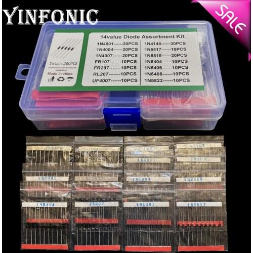 14value 200pcs Switch/rectifier/Schottky diode box 1N5404/5406/5408/5822/4148/4001/4004/4007/5817/5819/RL207/FR207/107/UF4007