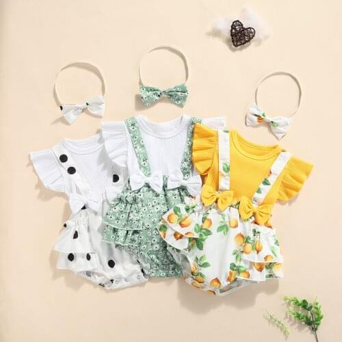 2Pcs Sweet Style Baby Girls Outfit Toddlers Summer Floral/Lemon/Dot Printing Fly Sleeve Splicing Romper + Bow Headwear Set
