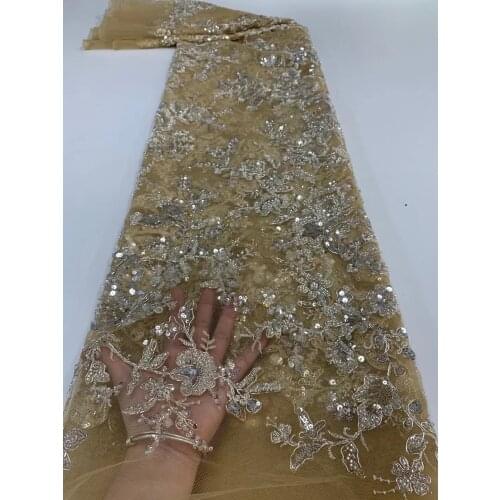 5yards/pc) High quality gold African tulle lace fabric with tube beads and sequins excellent embroidered French net lace FXZ102