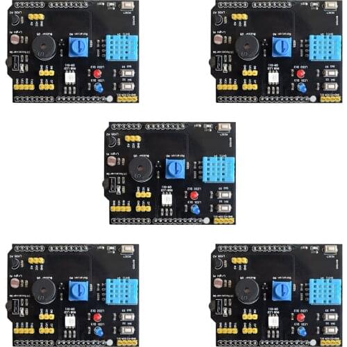 5PCS DHT11 LM35 Temperature Humidity Sensor Multifunction Expansion Board Adapter For Arduino UNO R3 RGB LED IR Receiver Buzzer