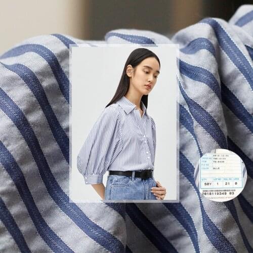 Whitewaxberry Blue Stripe Elastic Crepe Cotton Fabrics Garment Materials Summer Women Dress Sewing Cloth Tailor Freeshipping