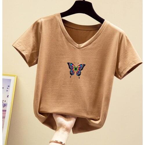 Summer Aesthetic Butterfly Cotton T Shirt V Neck T Shirts for Women Casual Tees Basic Slim Short Sleeve Tshirt Amiseta Mujer Tee