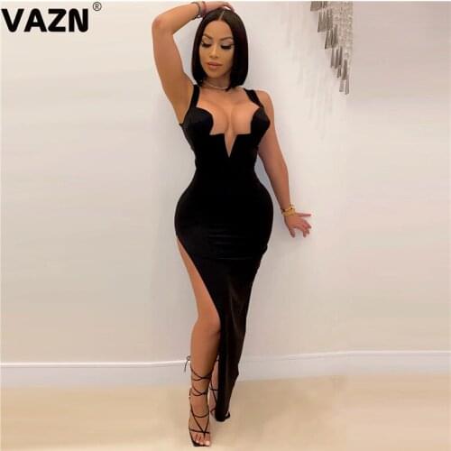 VAZN 2020 Hot List Sexy Club Hollow Out Elegant Open Solid Spaghetti Strap Sleeveless Women Thin High Waist Maxi Dress