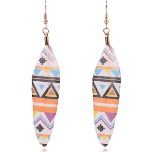 HC Fashion Color Printing Feather Pendant Bohemian Earrings Boho Multicolor Long Statement Earring Hot Flower Triangle Earring F