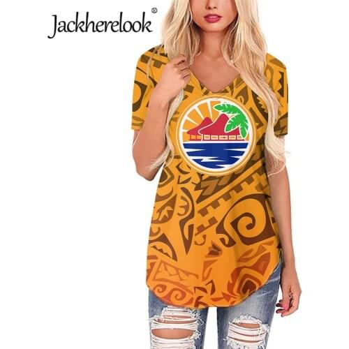 Jackherelook Vintage Samoa Tribal Polynesian Tattoo Design Short Sleeve Tshirts for Womens Summer Beach Tops V Neck T-Shirts