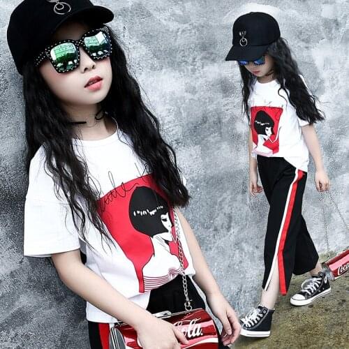 Suit for Girls Summer 2017 Fashion Wedding Party Two Piece Set Cute T-shirt+Wide Leg Pants Teenage Red Stripe Clotheing Sets