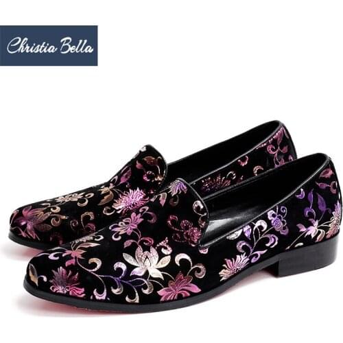 Christia Bella Fashion Floral Print Men Suede Leather Loafers Slip on Party Club Dress Shoes Male Casual Flats Shoes Plus Size
