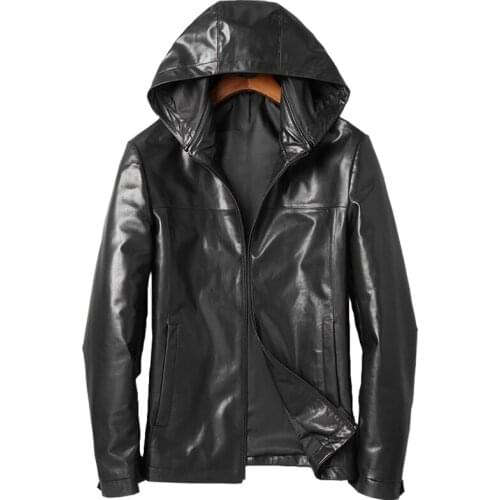 DK Hooded Leather Clothing Men Casual Genuine Leather Jacket 5xl Black Sheepskin Coats for Men In Autumn