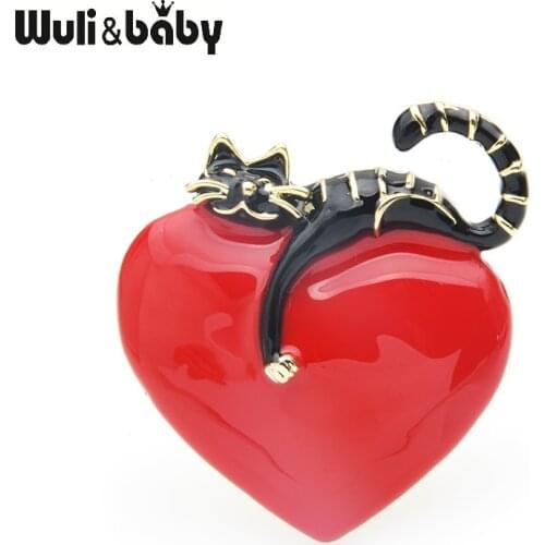 Wuli&baby Original Enamel Heart Lazy Cat Brooch Pins For Lovers Gift Wedding Jewelry Brooch 2019 Christmas New Year Gift