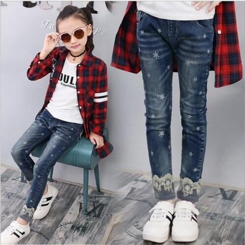 2020 Autumn Snowflake Lace girl jeans Korean childrens pants in the big childrens lace Slim trousers