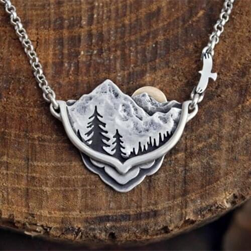 Mountains Necklace Silver Color Mountain Pines Sun Landscape Charm Chain Pendant Necklaces for Women Female Party Boho Jewelry