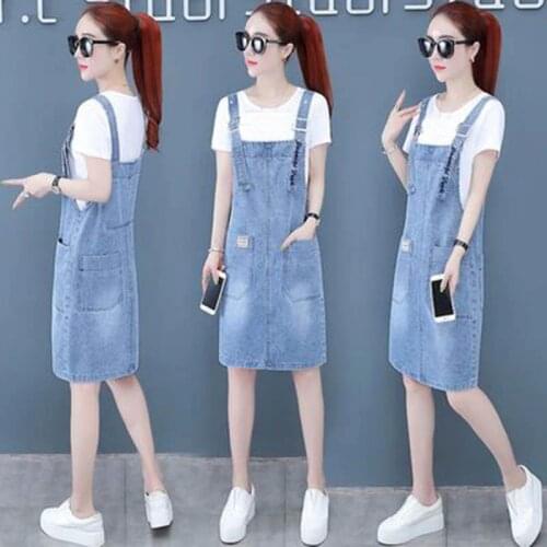 Pocket A-line High Waist Jeans Dress Knee-length Denim Sundress Embroidery Adjustable Strap Korean Loose Casual Overalls Dresses