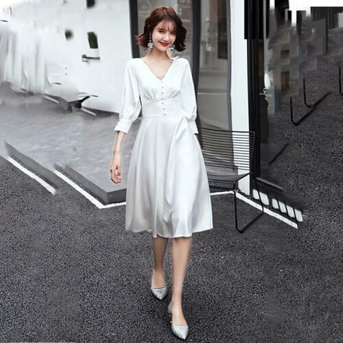 Special Occasion Dresses Vintage V-Neck Three Quarter Pleat Button A-Line Luxury White Jersey Knee-Length Women Prom Gown E850
