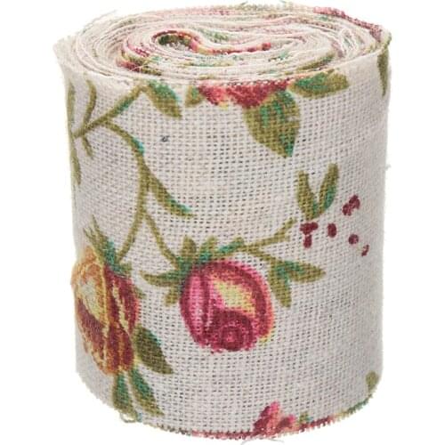 Durable New 3M Vintage Rose Floral Print Burlap Hessian Ribbon Fabric For Wedding Craft And Decorating Candy Jars