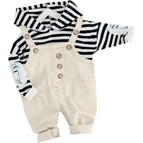 Spring Autumn Children Baby Girls Boys Clothing Sets Stripe Hooded T Shirt Straps Pants 2pcs Infant Clothes Suit Toddler Costume