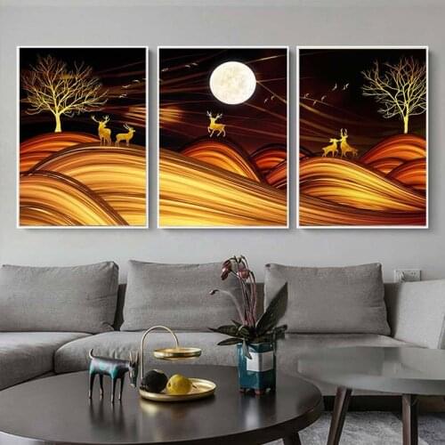Yumeart Abstract Deer Forest Moon Night Canvas Painting Landscape Poster Print Wall Art Picture Living Room Entrance Nordic Déco