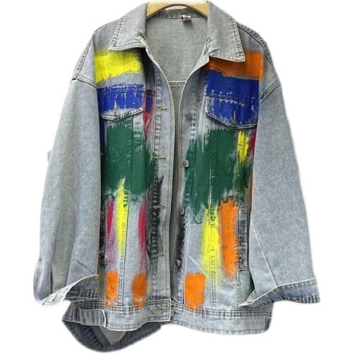 2021 Fshion Spring Autumn Women Vintage Graffiti Denim Jackets Harajuku Casual Loose Jeans Coat Female Korean Cowboy Tops Femme