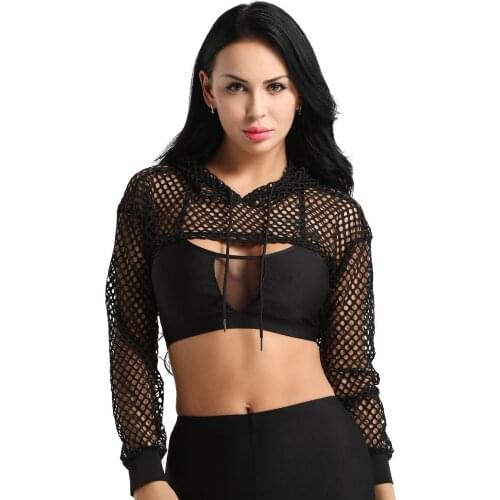 Long Sleeve Tshirt Women Mesh Top Hooded Hollow Out Sexy Punk Rock Short Crop Top Black Fishnet T-shirt Hip-hop Jazz Costume