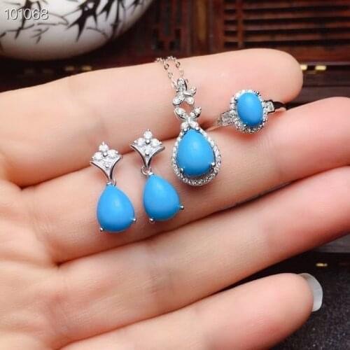 Fine Jewelry Natural Turquoise 925 Sterling Silver Women Pendant Necklace Chain Earrings Ring Set Support Test Luxury