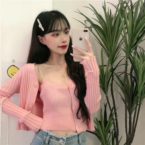 Woman Sweaters Femme Chandails Womens 2020 Sling Short Knitted Cardigan Two-Piece Set Pull Hiver