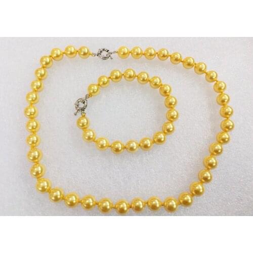 Women Jewelry Set 8mm gold color round bead natural south sea shell pearl necklace bracelet Gift