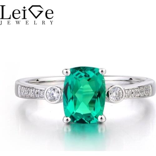 Leige Jewelry Lab Emerald Ring Cushion Cut Green Gemstone May Birthstone Anniversary Wedding Rings 925 Sterling Silver Ring Gift
