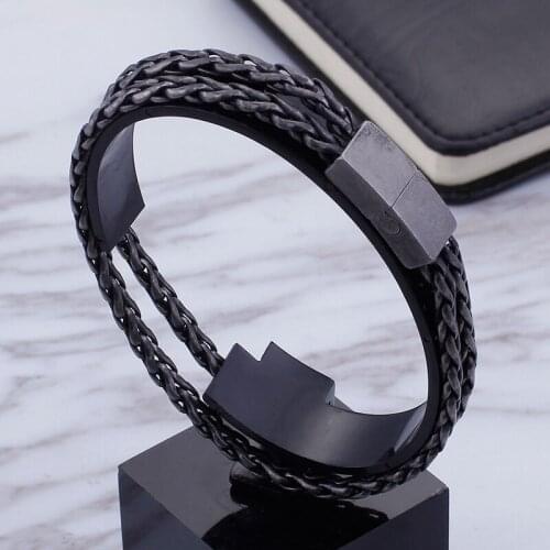 2018 Brand New Mens Wristband Stainless Steel Double wheat braid Chain Bracelet Black color 8.5 inch