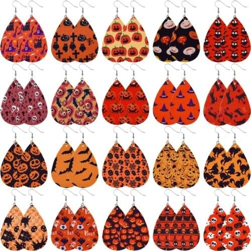2021 Punk Style Pumpkin Printed Teardrop PU Leather Drop Earrings Halloween Style PU Leather Drop Earrings for Woman Jewelry